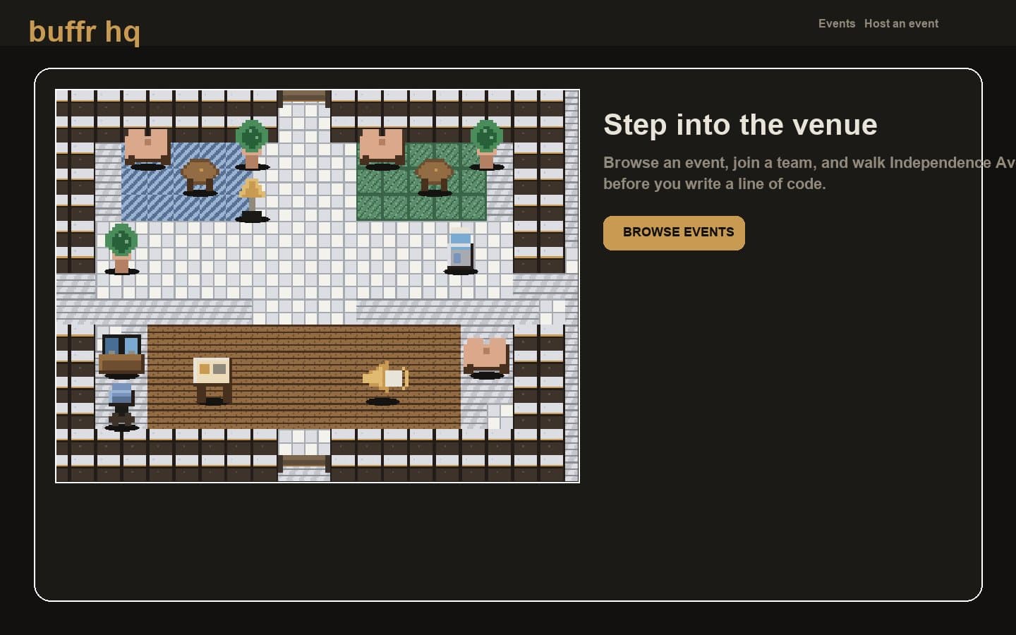 Buffr HQ events page with a pixel-art preview of the venue floor